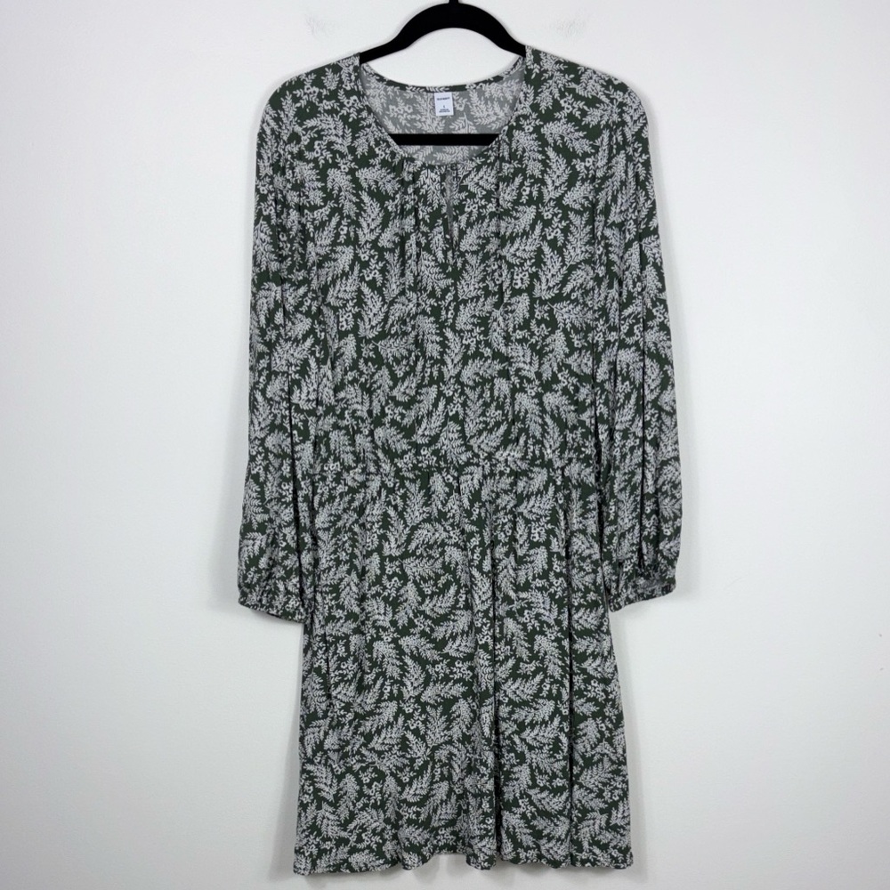 Old Navy Long Sleeve Swing Dress Women’s Size Large Leaf Green Keyhole Rayon